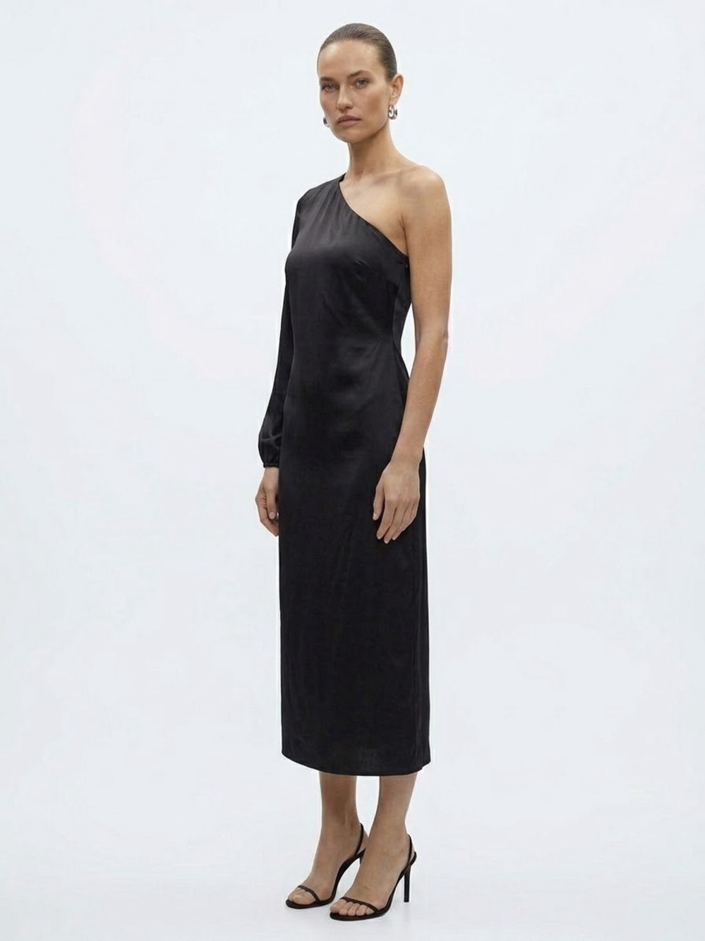Skies Are Blue $79 NWT P2P17” L46” Black Satin One-Shoulder Midi Dress S